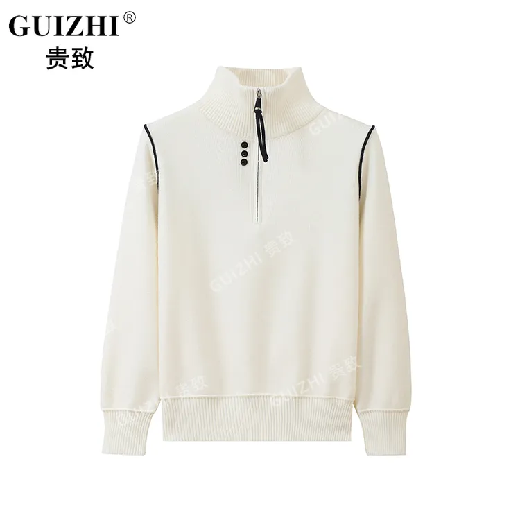 韩系加厚拼色设计半拉链高领纽扣针织衫2025冬季新款女高级感毛衣