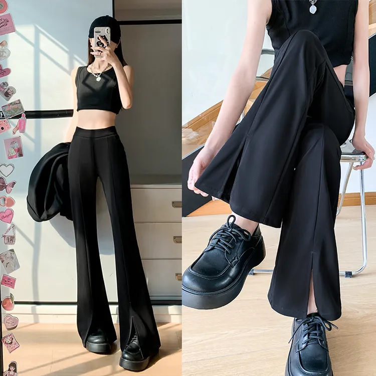开叉西装裤女微喇叭高腰显瘦2025年新款黑色胖mm大码垂感马蹄裤子