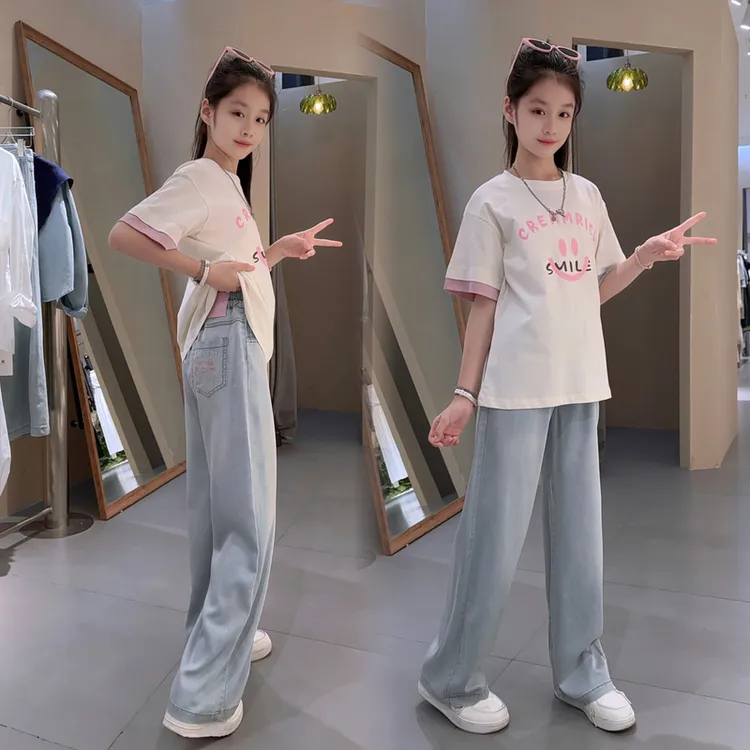 女童裤子夏季薄款2025新款女大童牛仔裤初中生窄版凉感天丝阔腿裤