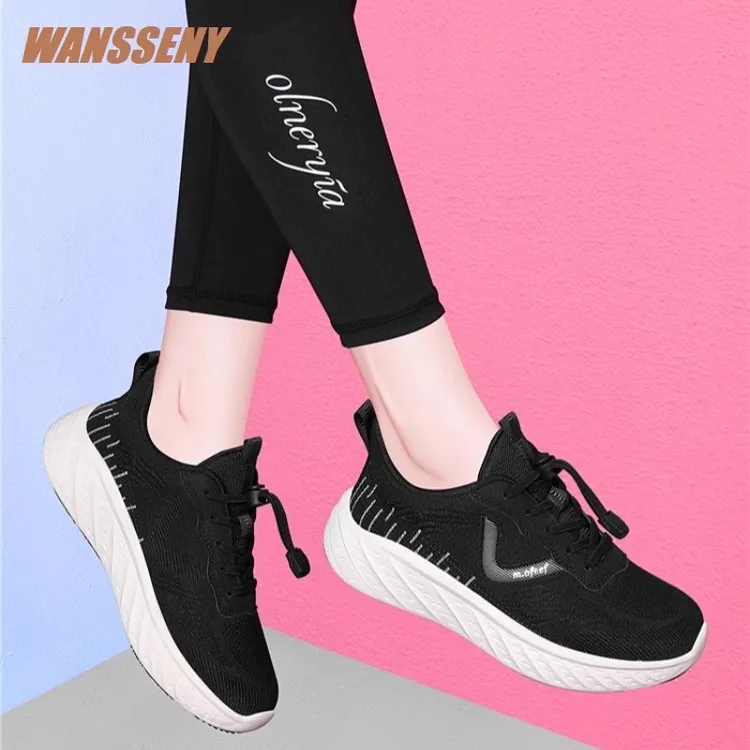 WANSSENY2025年黑色网面运动鞋女轻便舒适不闷脚休闲鞋跑步运动鞋