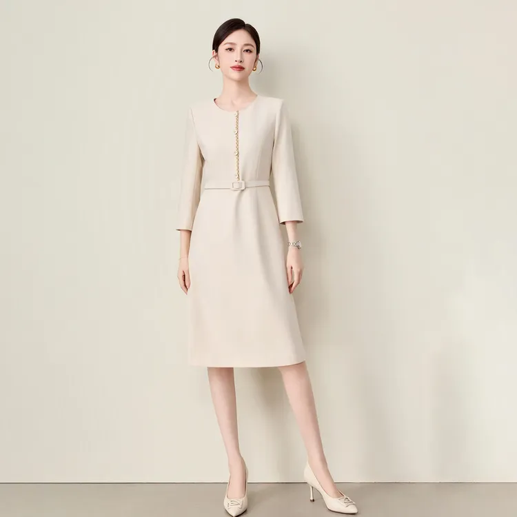钟老板2025秋季新款西装连衣裙女收腰显瘦七分袖干练气质通勤裙子
