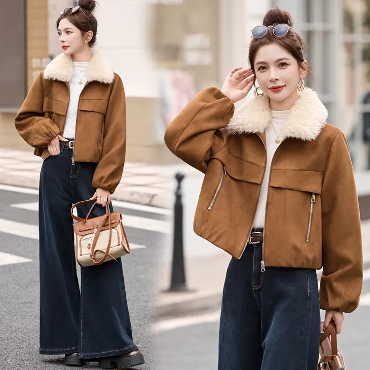 高级感美拉德麂皮绒外套女冬季短款时尚洋气加厚加绒保暖毛领棉服