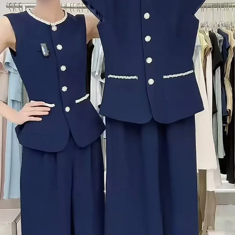 2025爆款时尚休闲法式套装收腰修身上衣+阔腿裤简约通勤两件套