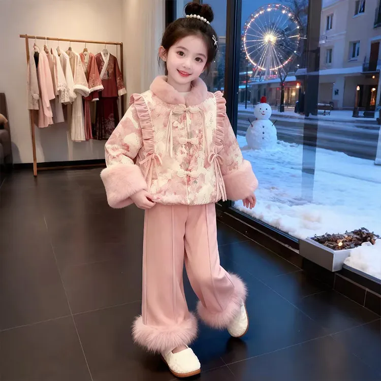 女童加绒年服套装冬季2025新款儿童新中式唐装女孩国风加厚两件套