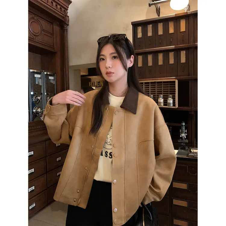 卡其棕翻领麂皮夹克外套女2025秋季韩版宽松休闲复古短款气质上衣