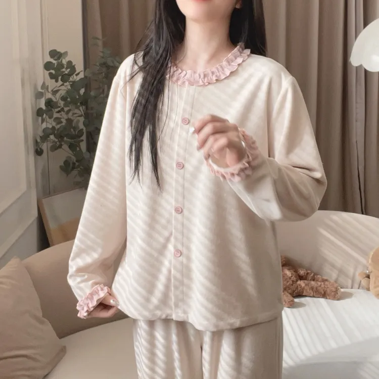 【6313奶杏】羊蜜绒秋季甜美长袖拼接可外穿家居服睡衣宽松睡衣