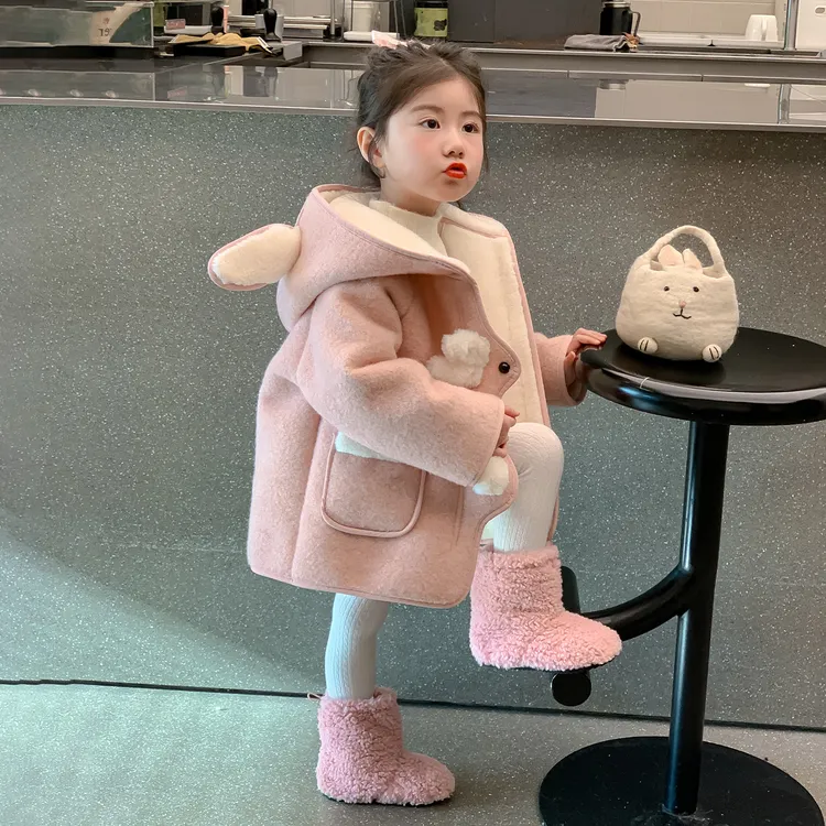 女童加绒外套2025秋冬新款儿童连帽呢大衣洋气宝宝韩系中长款上衣