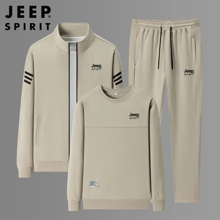 JEEP吉普运动套装男士春秋立领开衫外套男装大码跑步休闲服三件套