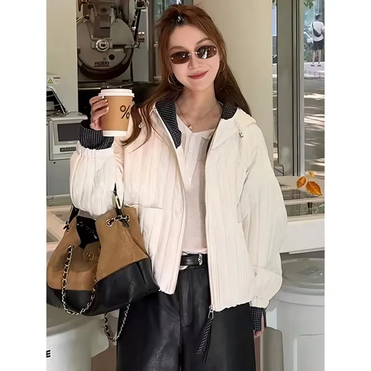 连帽薄棉压格短外套女欧洲站2025秋季时尚宽松百搭休闲棉服上衣潮