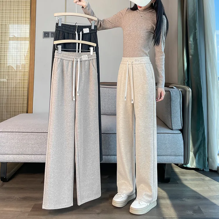 人字纹毛呢阔腿裤女秋冬季加绒裤子女高腰垂感加厚窄版显瘦直筒裤
