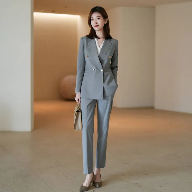 春秋新款灰色通勤西装外套职业正装西服时尚帅气小脚裤两件套装女
