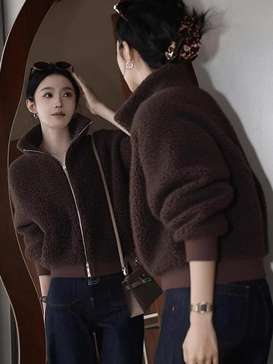慵懒风韩系羊羔毛卫衣女2025秋冬新款小个子百搭时尚毛绒上衣外套