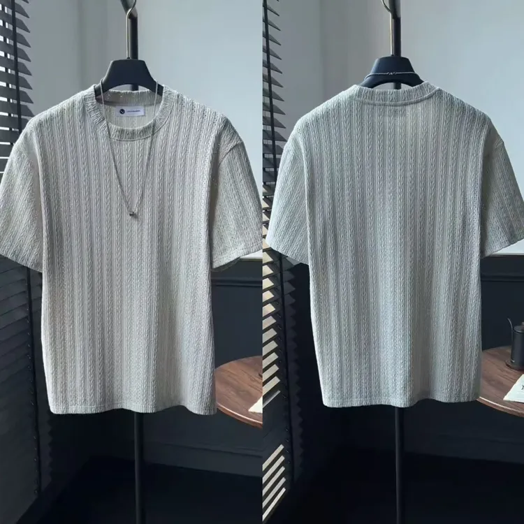 夏季冰感微阔T恤男士短袖圆领提花镂空透气针织半袖休闲时尚百搭