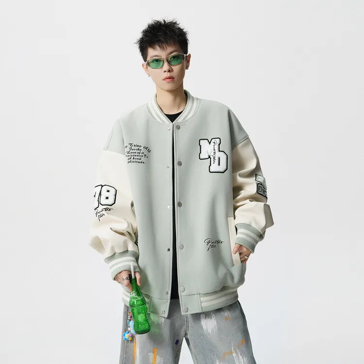 潮牌情侣棒球服外套男秋美式设计感双拼夹克高街百搭情侣休闲上衣