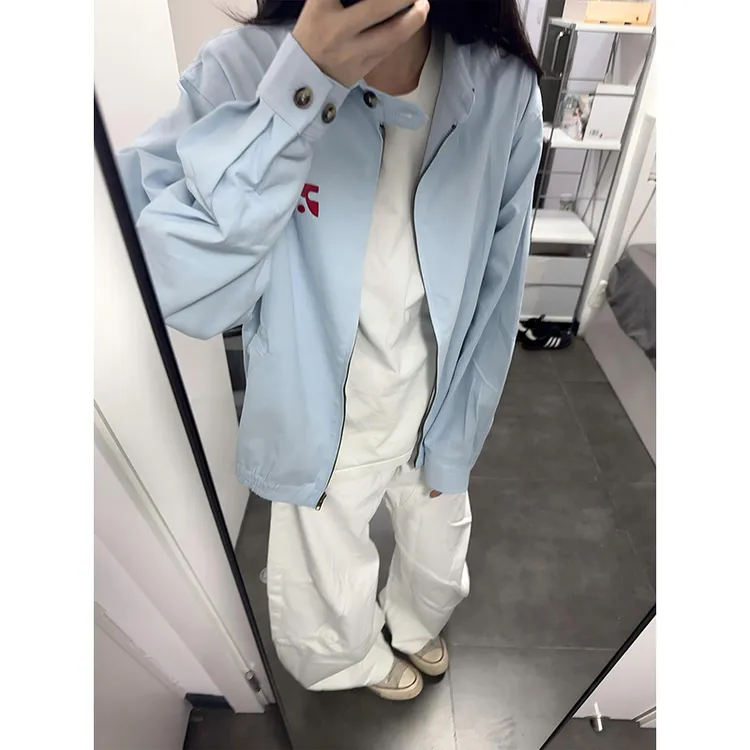 蓝色短款哈灵顿夹克男女秋季高级感美式复古cleanfit立领工装外套