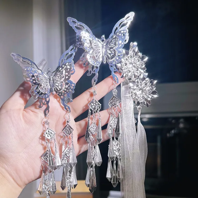 三层蝴蝶银色铃铛发夹四件套头饰魏晋风国风谢怜白衣花城汉服配饰