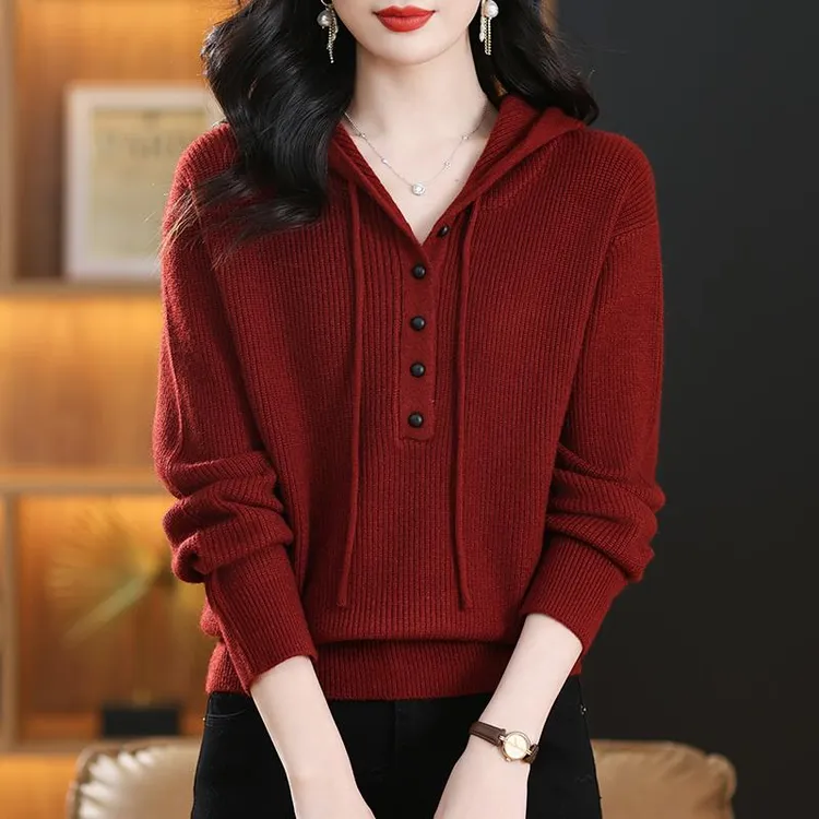 设计感连帽羊毛衫女宽松显瘦纯色针织毛衣时尚洋气减龄百搭打底衫