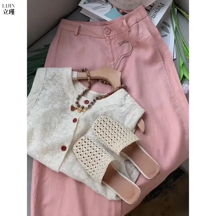 优雅亚麻阔腿休闲裤女2025夏季薄款胖mm小个子显瘦高级垂感直筒裤