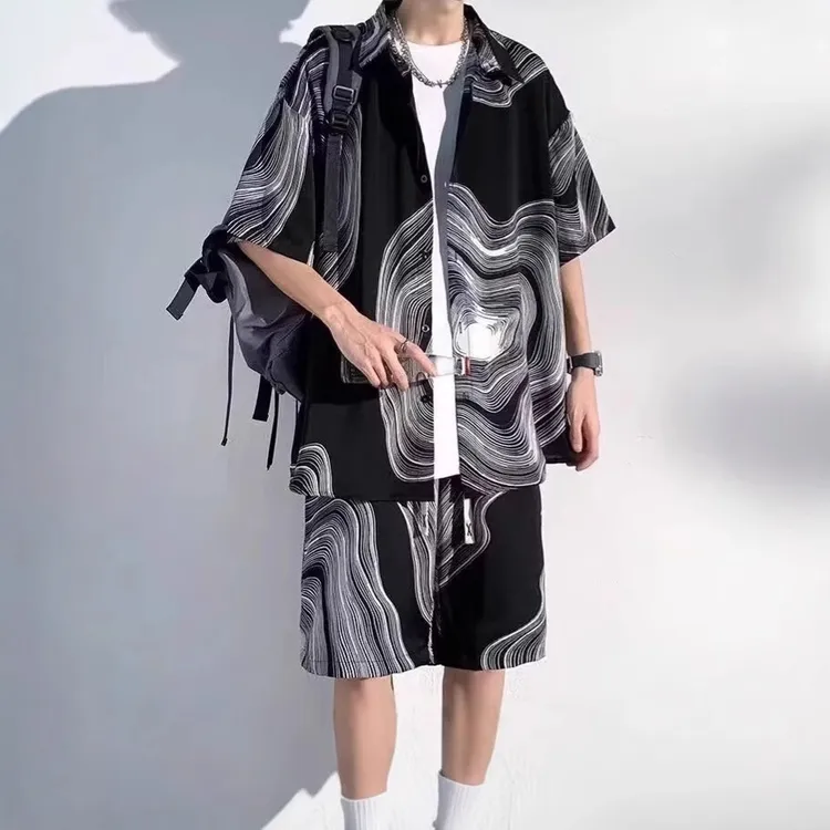 新中式衬衫男夏季凉感冰丝五分衬衣两件套设计感休闲套装男士运动