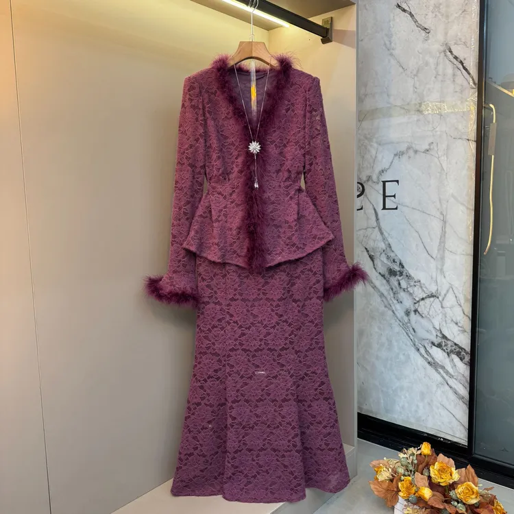 2025胖mm洋气名媛风拼毛气质蕾丝时尚性感显瘦上衣+半裙套装7210