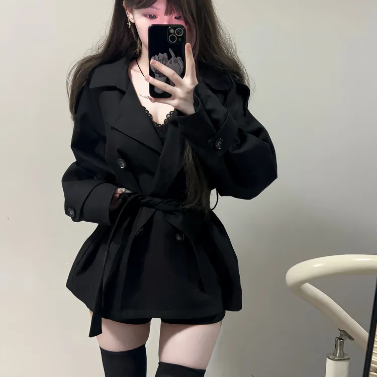iqcq气球熊纯欲风双排扣风衣女秋季新款黑色系带收腰显瘦短款外套