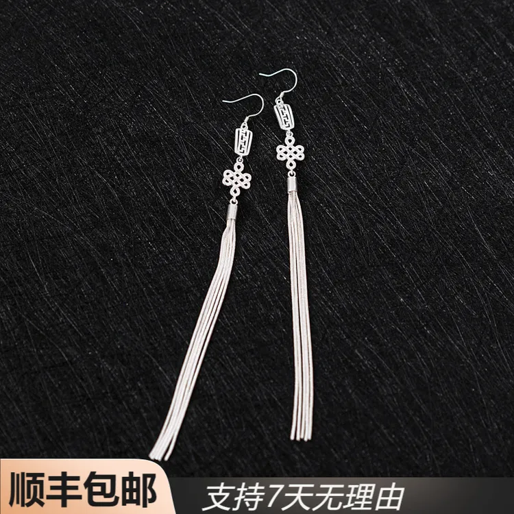 A50【正品】百搭气质国风纯手工个性长流苏民族风银耳钩耳饰