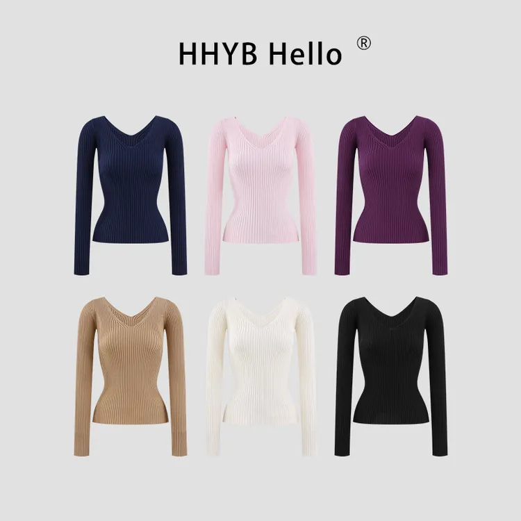 HHYB Hello坑条V领长袖内搭打底针织衫秋季2025新款轻熟上衣M1460