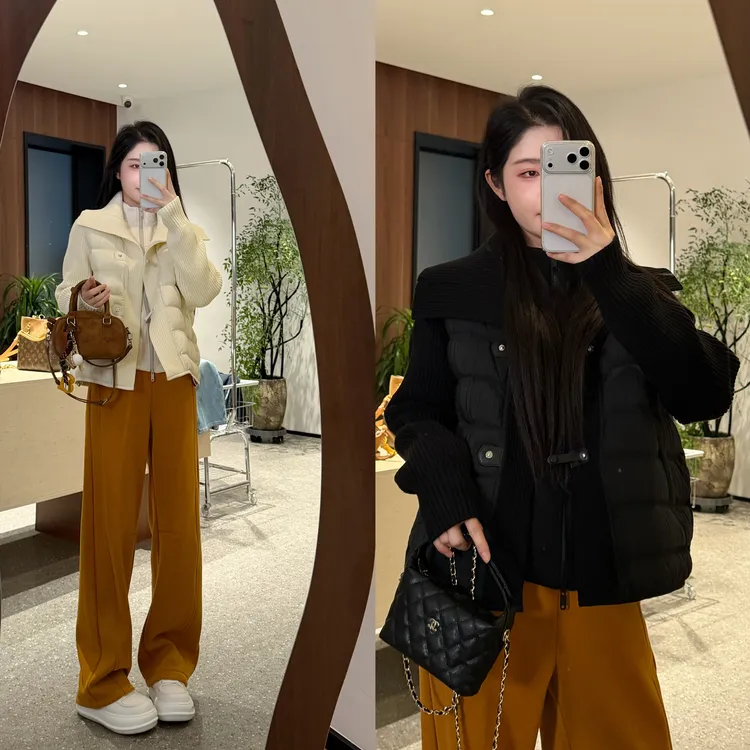 【宿慕SUMU】90鸭绒简约休闲黑色针织袖拼接羽绒服牛角扣假两件2510