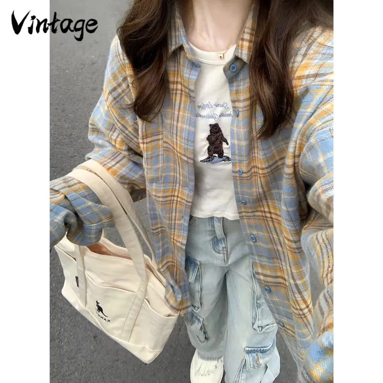 Vintage美式复古格子衬衫女春秋薄款外穿慵懒风长袖上衣外穿宽松