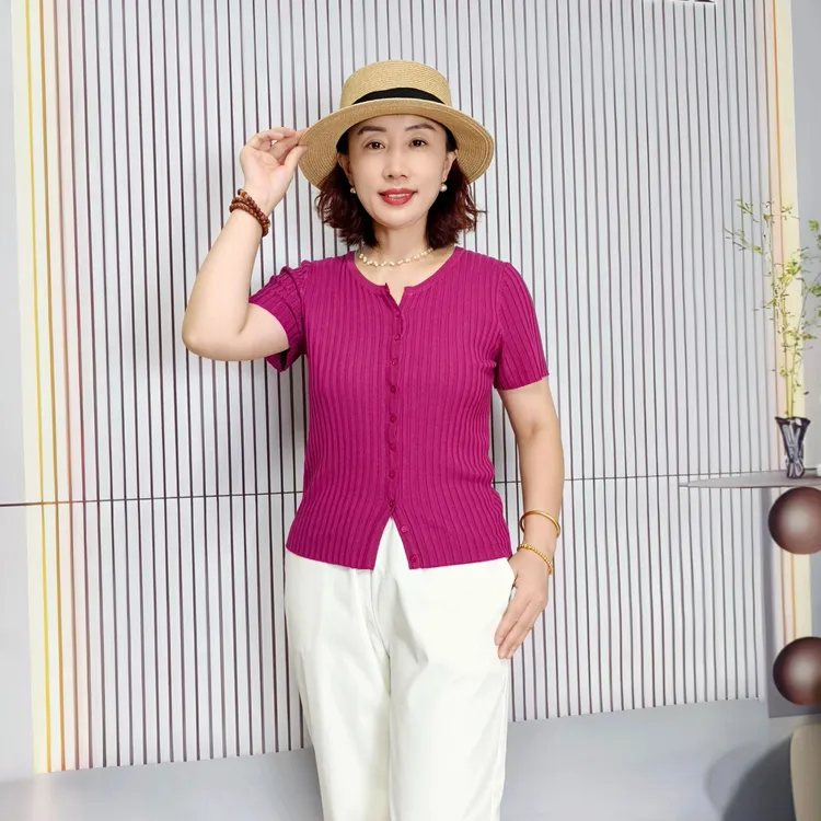 [清仓福利]夏季天丝亚麻针织短袖开衫女短款剪刀v领针织小衫短款