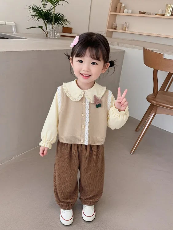 女童宝宝秋装套装新款洋气时髦女宝宝毛衣马甲三件套韩版春秋季潮