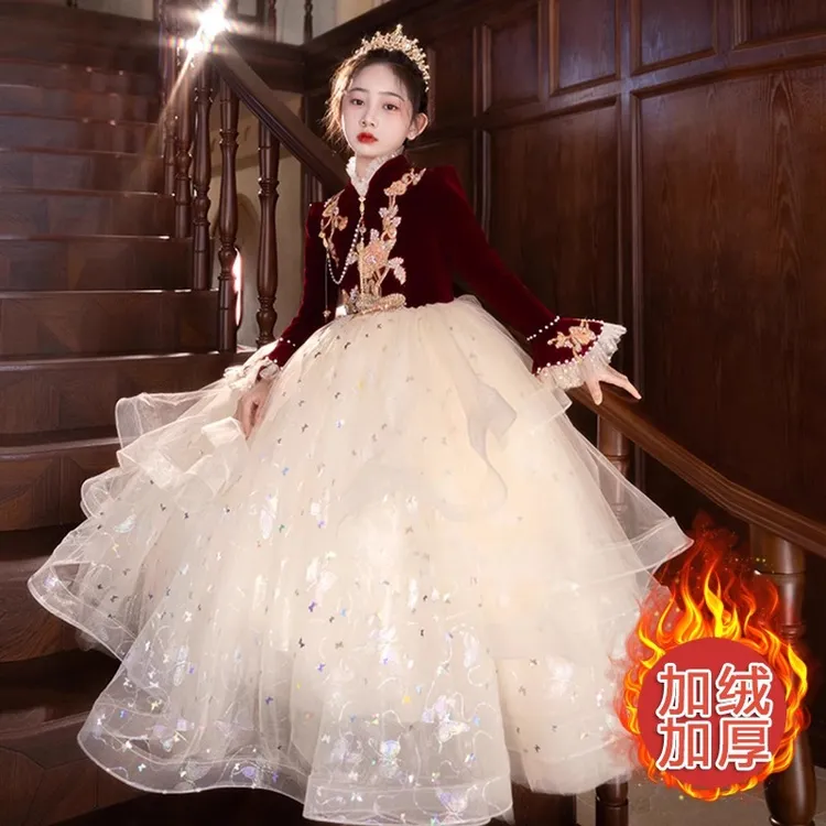 女童礼服裙公主裙季轻奢小众高端酒红加绒高级感主持人钢琴演出服