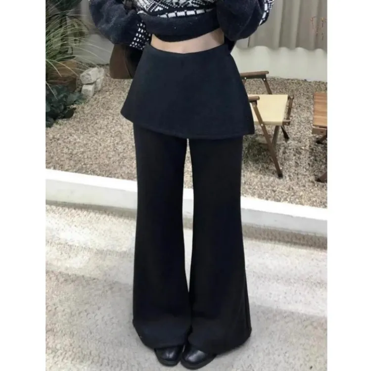 秋冬加绒韩国东大门假两件屁帘微喇叭裤女2025梨形身材显瘦休闲裤