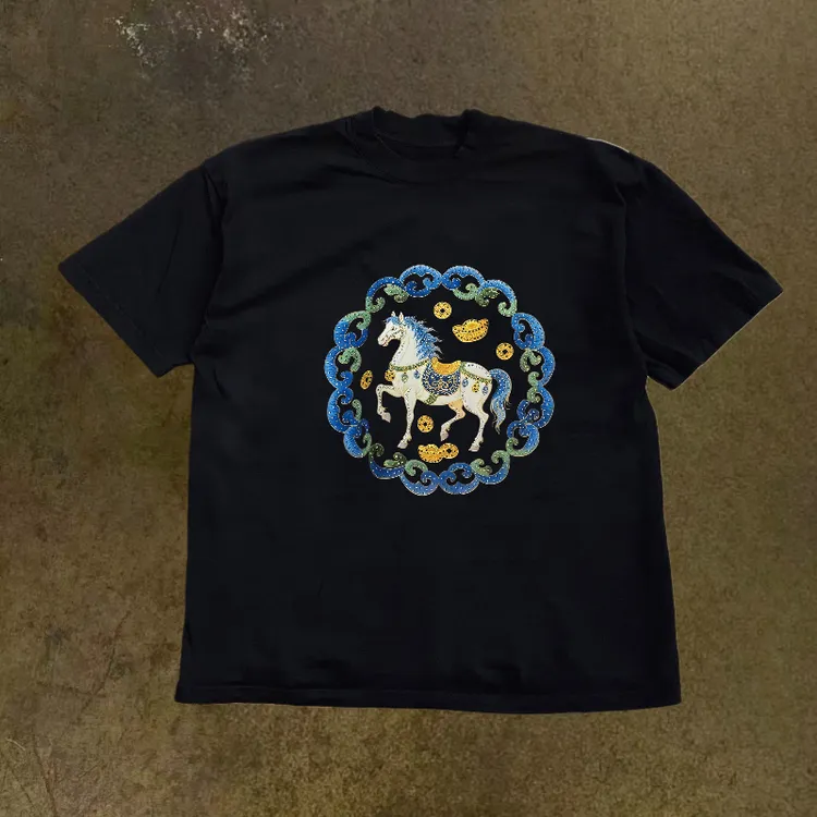 潮流元素马设计款高级感烫钻半袖2026秋冬纯棉潮牌烫钻短袖打底衫