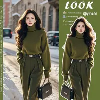春季穿搭一整套女2025新款韩保暖高领时尚气质毛衣显瘦裤子两件套