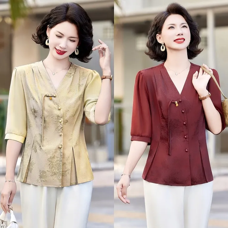 夏季新款时尚洋气妈妈装女短袖套装新中式国风提花衬衫上衣