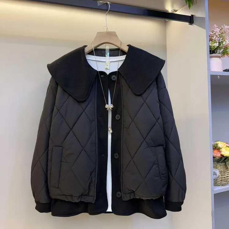 秋冬新款显瘦娃娃领长袖夹棉棉服外套休闲百搭