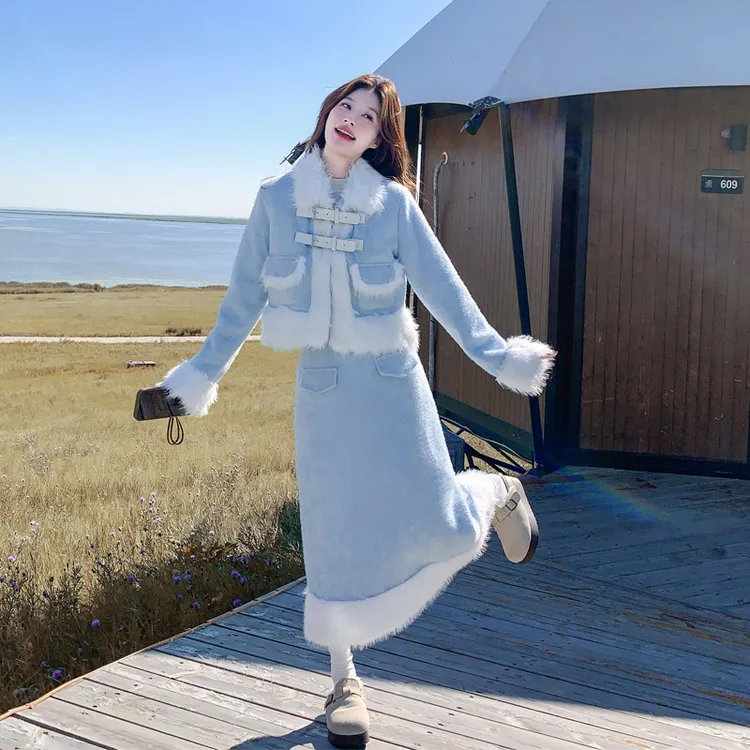 冬日氛围感毛绒拼接套装裙2025新款气质名媛少女风加绒加厚两件套