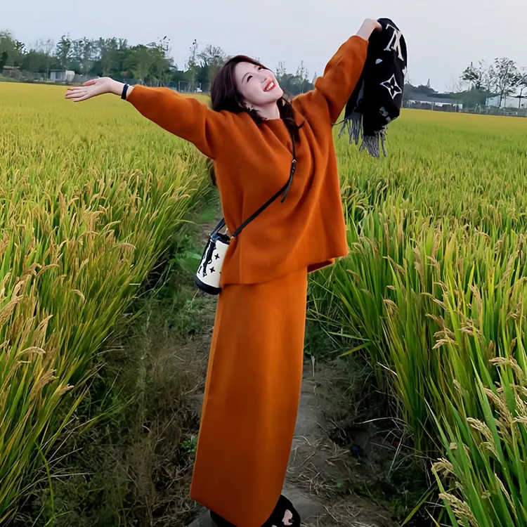 大码慵懒风软糯毛衣半身裙两件套装女秋冬新款胖mm韩系穿搭一整套