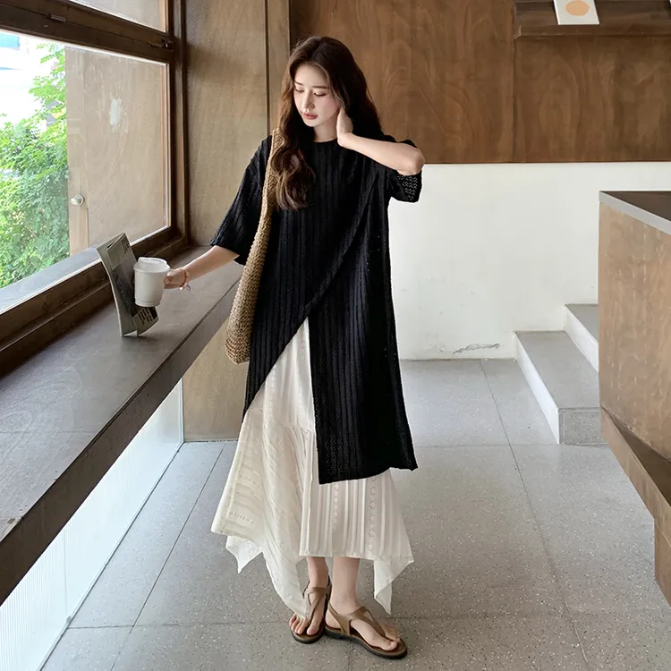 黑色不规则开叉罩衫连衣裙套装女2025年夏季半身裙气质显瘦两件套