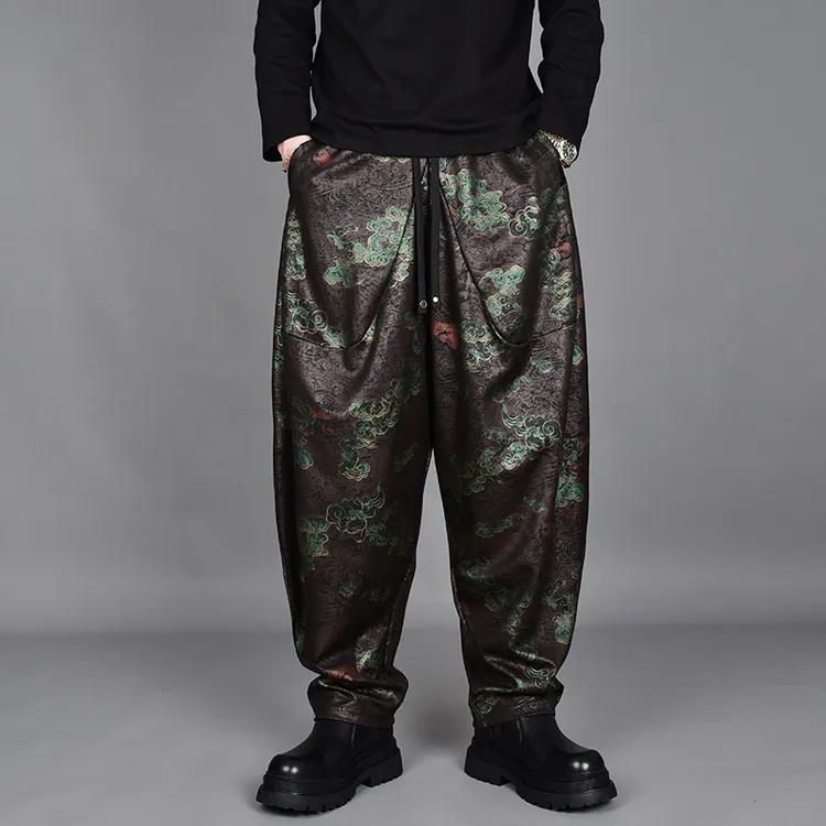 高档香云纱休闲裤男冬季大码宽松刺绣哈伦小脚裤提花纹理灯笼裤潮