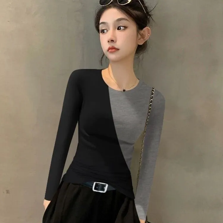 2025新款秋冬打底拼接长袖衫女内搭运动百搭小众设计感修身上衣女
