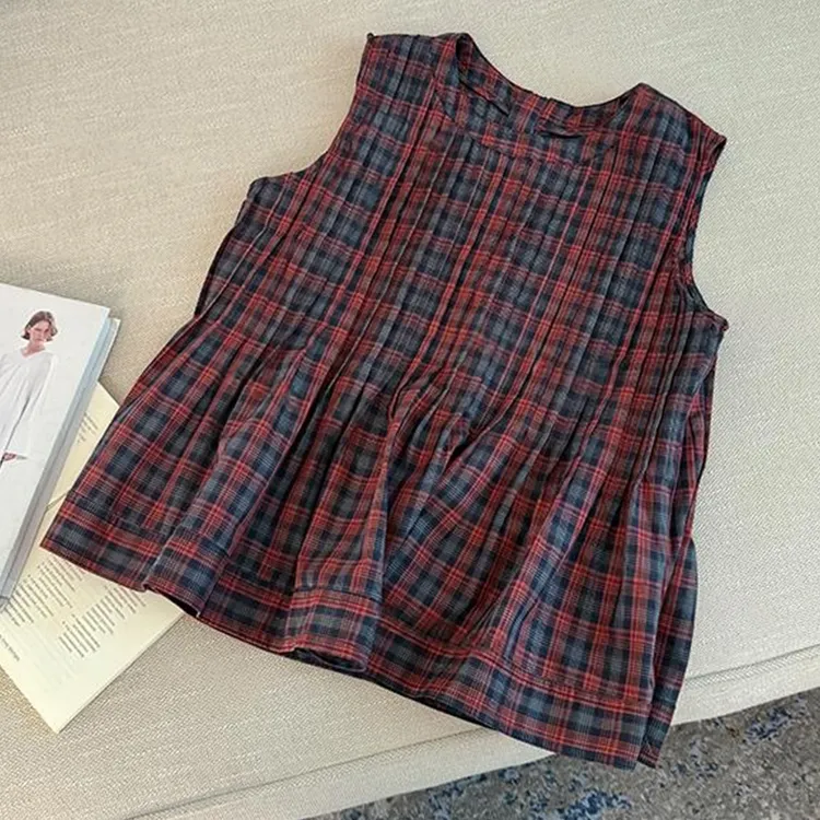 欧货重工压褶圆领撞色格纹宽松显瘦无袖背心2025新款夏季潮流设计