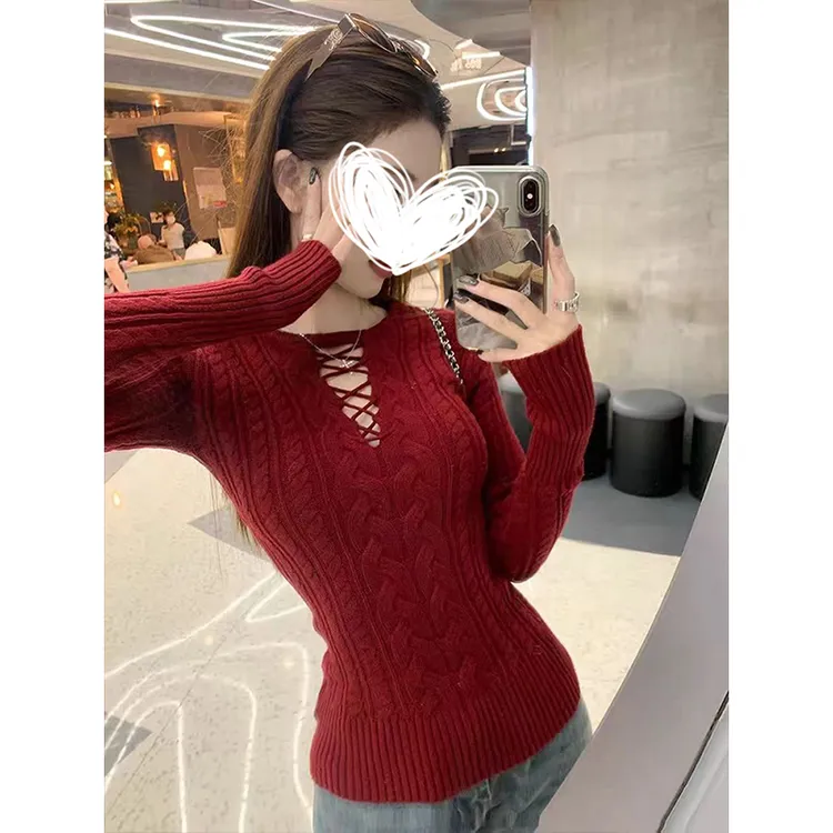Moses Queen/魔西女王镂空纯欲圣诞红毛衣辣妹针织衫修身长袖上衣