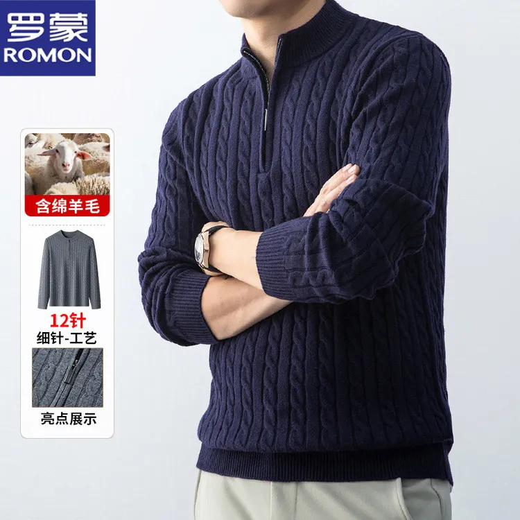 罗蒙含绵羊毛半高领拉链长袖针织衫休闲百搭宽松套头打底保暖毛衣
