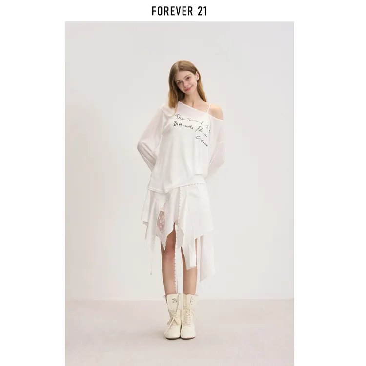 FOREVER 21/永恒 21字母斜肩学院风白色宽松时尚防晒T恤印花长袖