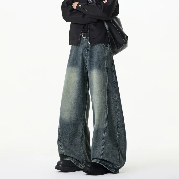 美式弯刀牛仔裤男冬季潮cleanfit水洗做旧裤子复古拖地阔腿长裤