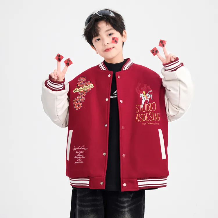 男童新年款棒球服2026马年新款红色拜年服外套儿童拼接皮衣夹棉服