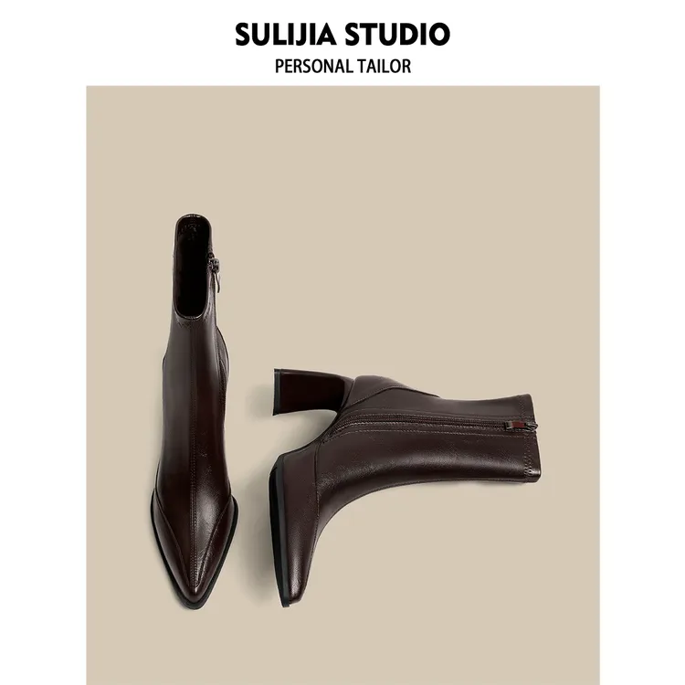 酥梨家 2025秋冬新款法式尖头粗跟马丁靴瘦靴子复古棕色高跟短靴