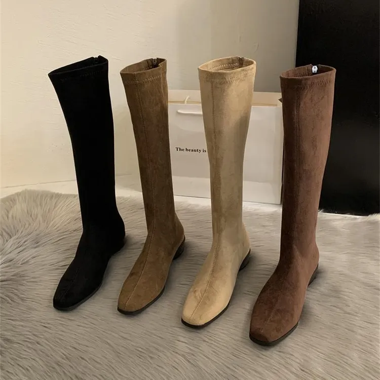 粗跟尖头绒面瘦瘦长筒靴女2025年新款秋冬季韩版长靴中筒骑士靴子